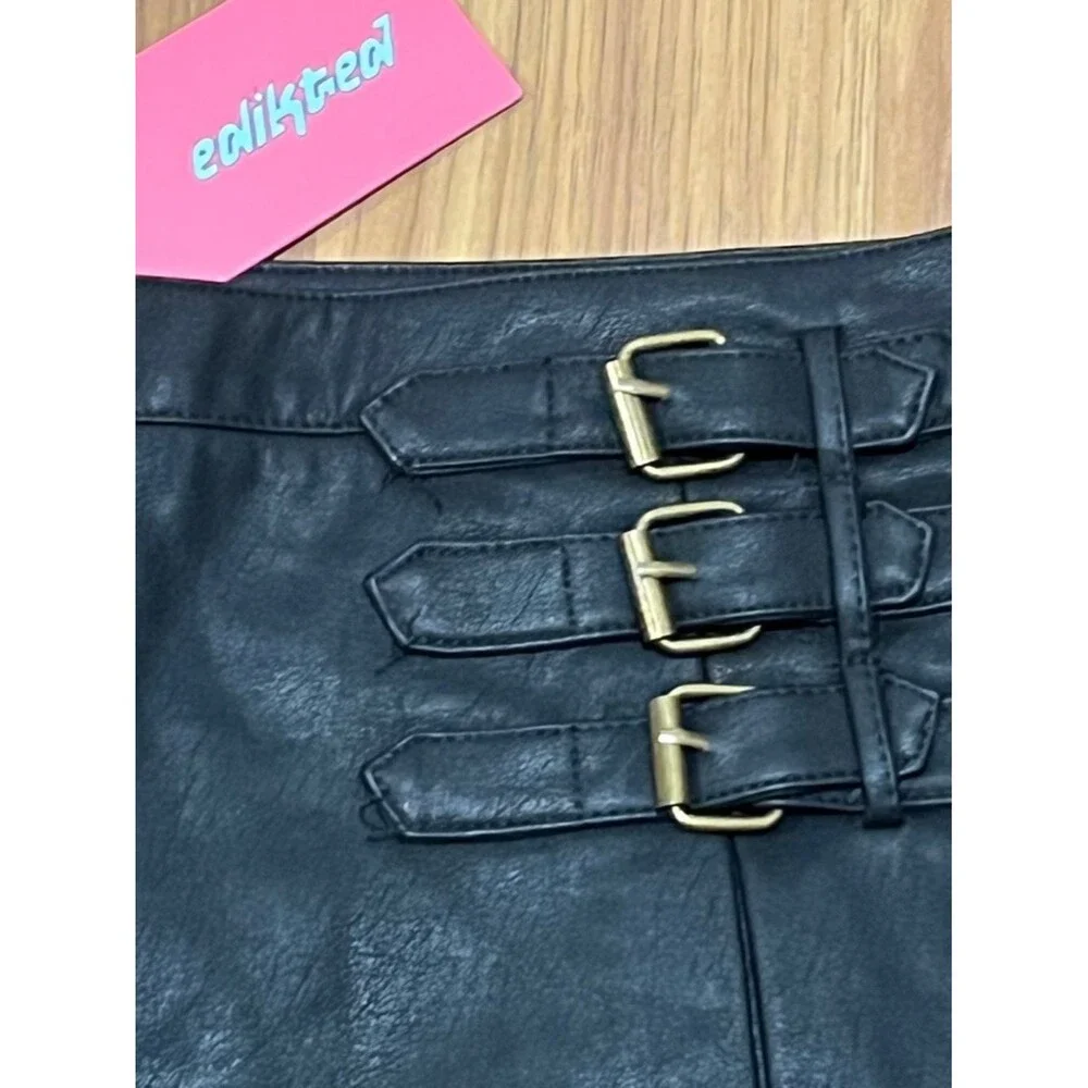 Edikted Triple Belt Faux Leather Mini Skort - Black - Size XL Moto Y2K